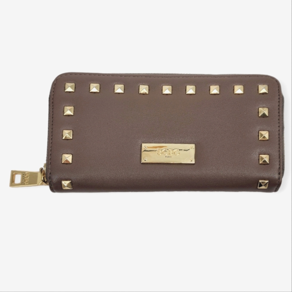 BCBG Paris Moto Studded Faux Leather Long Zip Accordian Wallet Nude Taupe Gold